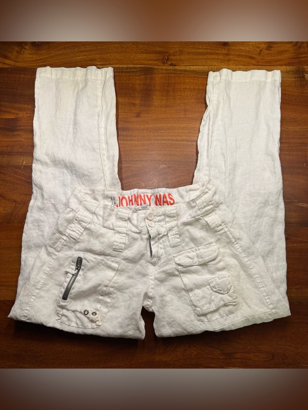 Johnny Was Women’s White Cargo Pants 100% Linen Pete and Greta Boho Pants Sz 4